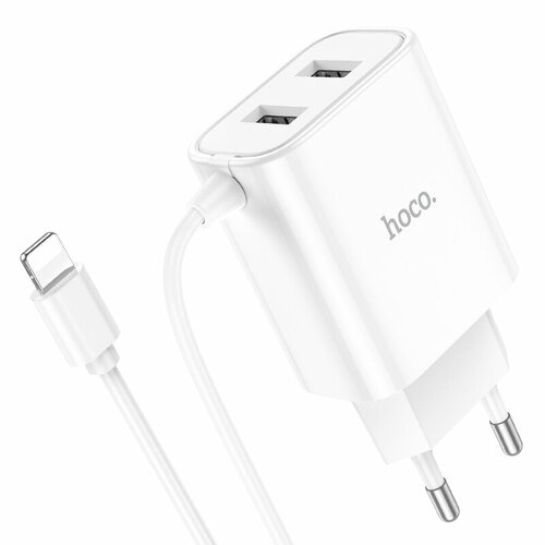 СЗУ, 2 USB 2.1A (C103A), HOCO, Lightning встроенный кабель, белый сзу usb 2 1a usb порт hoco c106a кабель lightning 8pin белый