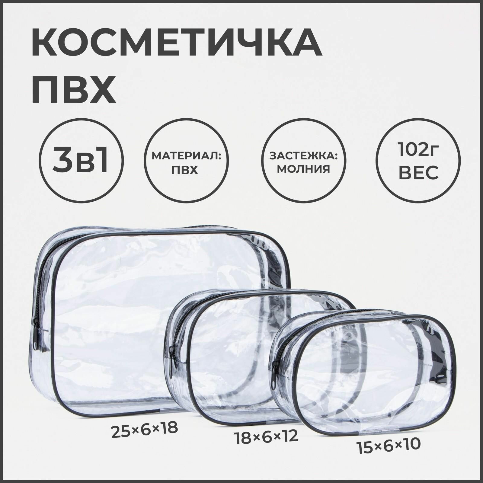 Набор косметичек 3 в 1 на молниях, цвет чёрный