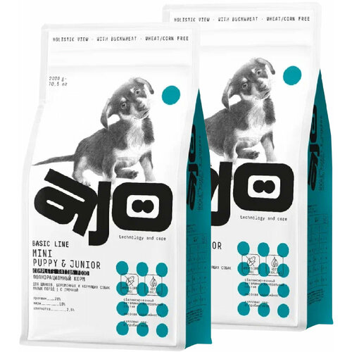 AJO DOG BASIC LINE MINI PUPPY & JUNIOR для щенков маленьких пород с курицей и гречкой (2 + 2 кг)