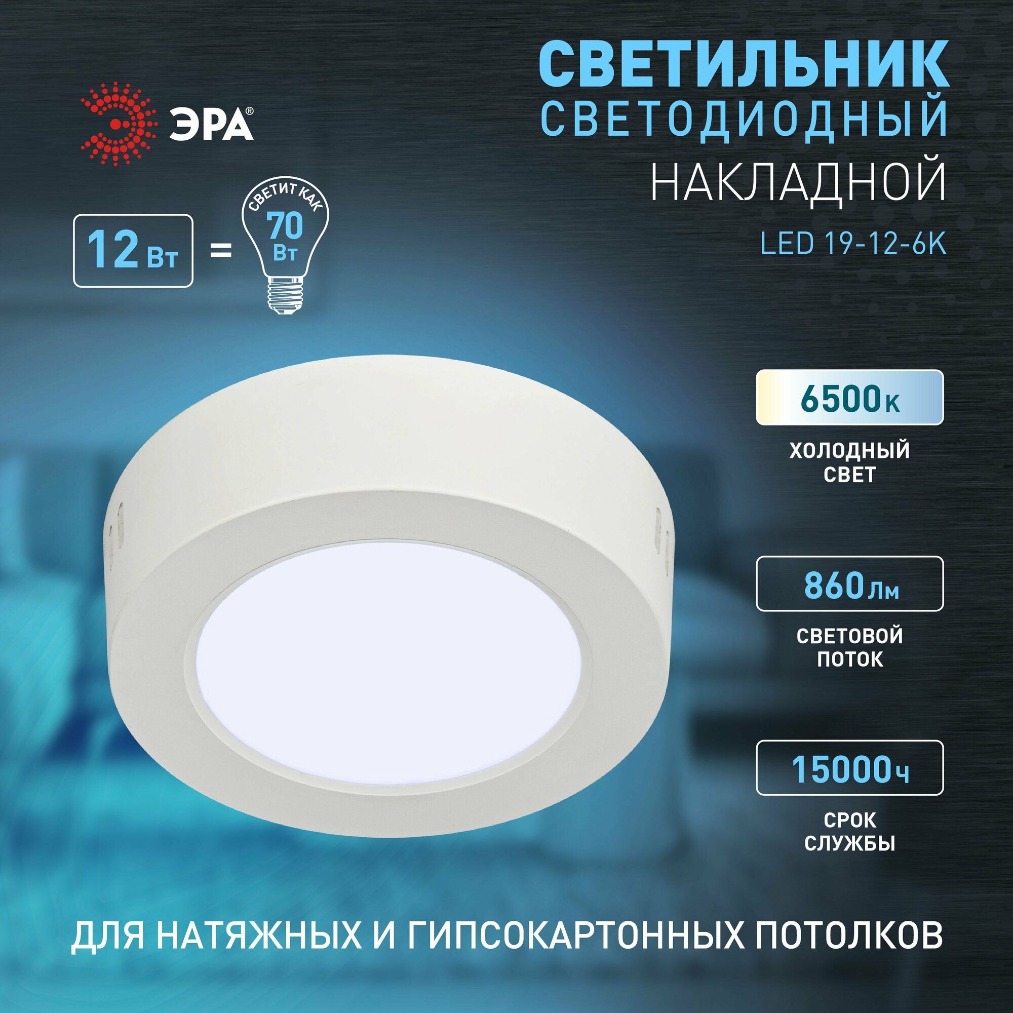 Светильник светодиодный ЭРА LED 19-12-6K накладной круглый 12Вт 6500К