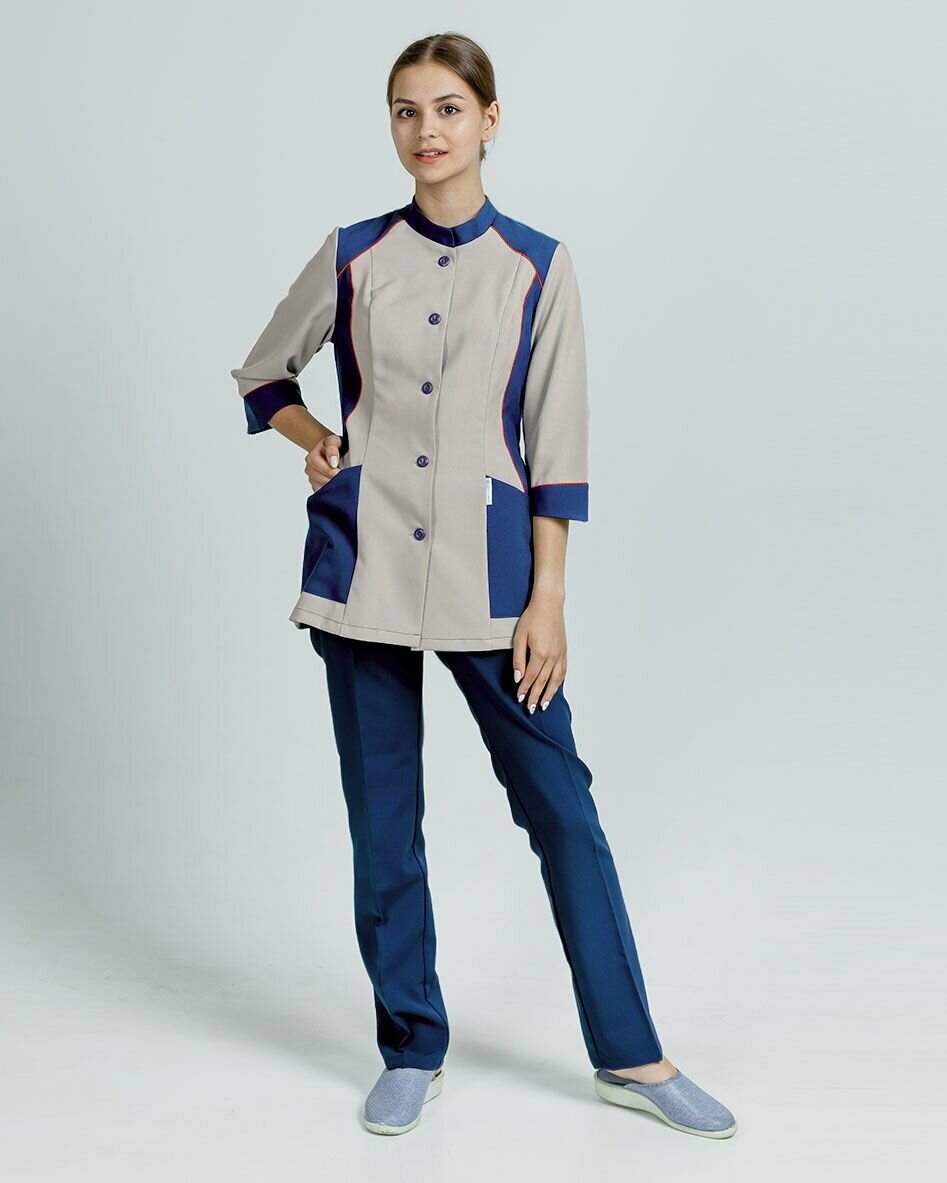 Костюм рабочий женский для горничных и уборщиц Вилан, цв. св-серый, отделка синяя, размер 52-54, рост 170-176 см