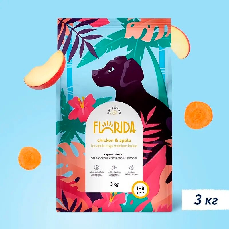 Сухой корм Florida для собак средних пород, с курицей и яблоком 3кг