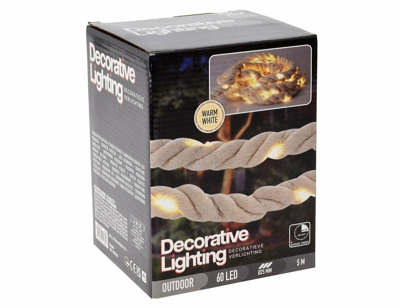 Светодиодная гирлянда осьер, 60 теплых белых LED-огней, 4+1 м, таймер, батарейки, канат, уличная, Koopman International AF5300190