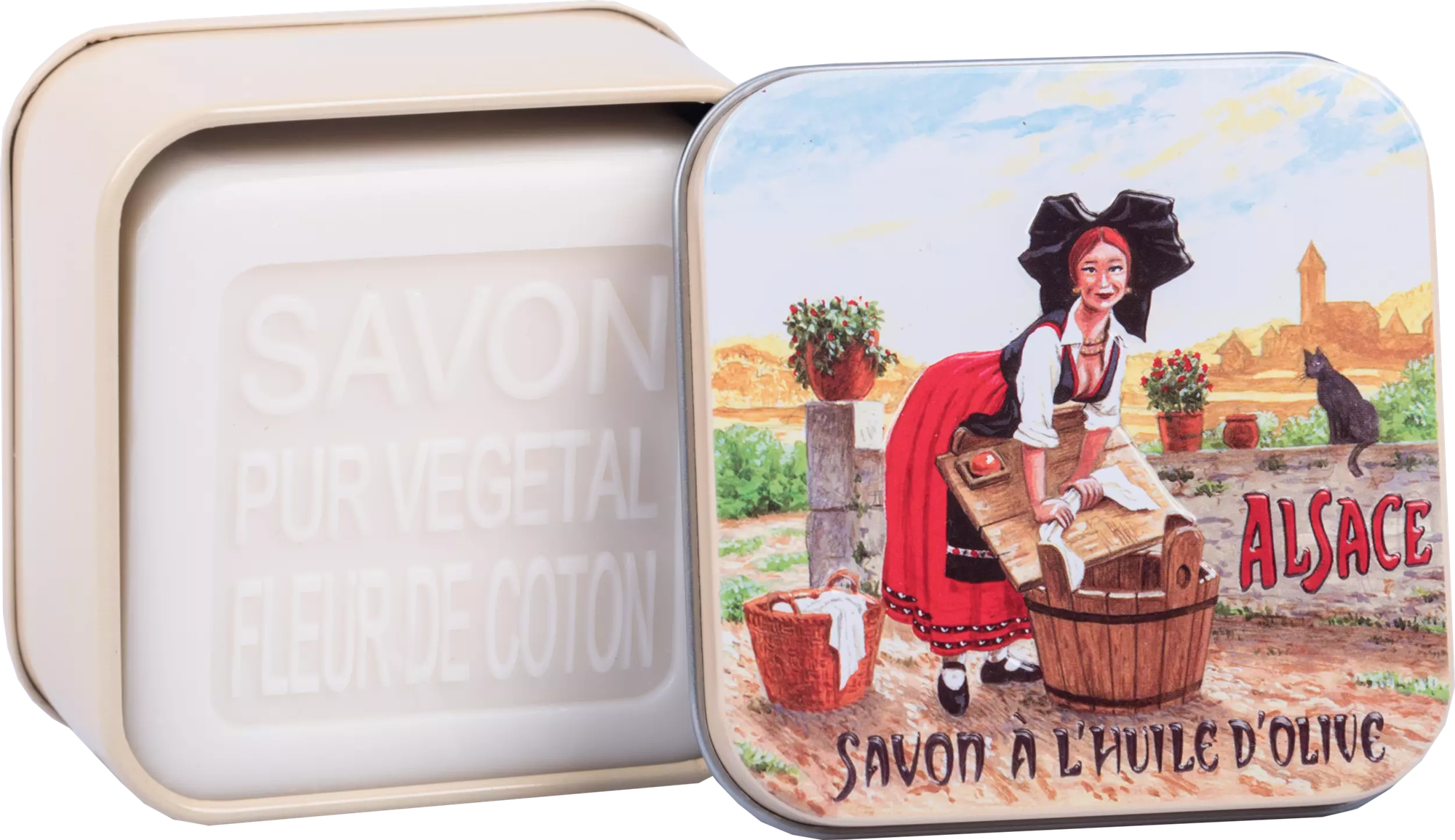 Туалетное парфюмированное мыло: с цветком хлопка в металлической коробке "Деревня в Эльзасе" 100 гр. (La Savonnerie de Nyons, Франция)