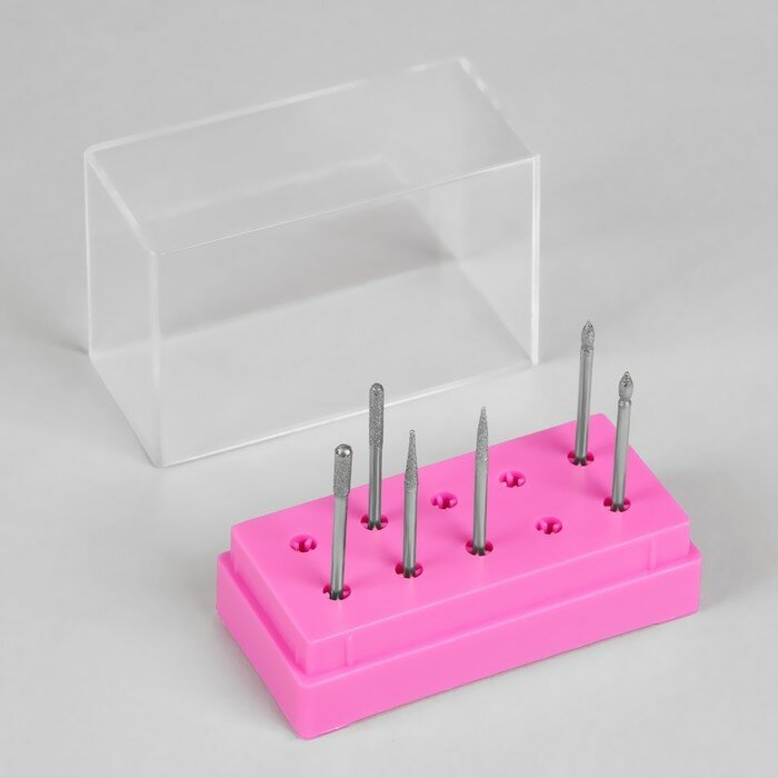 Подставка под фрезы, прямоугольная, 10 отделений, 8 × 3,6 см, с крышкой, в картонной коробке, цвет розовый/прозрачный (арт. 3931410)