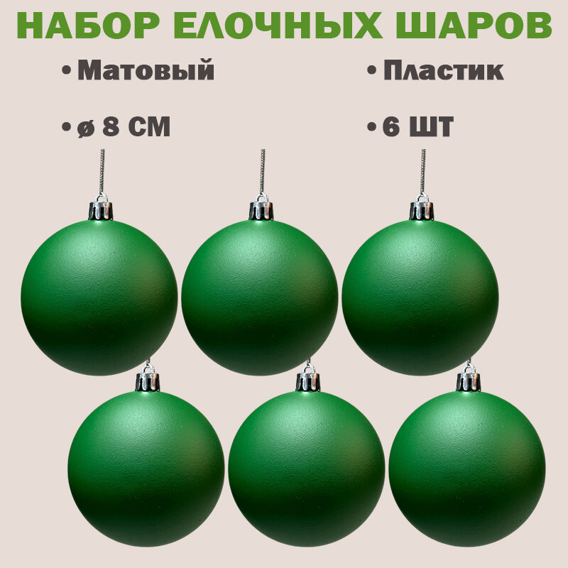 Набор шаров Merry Green 8 см 6 штук в пакете матовый темно-зеленый цвет пластик