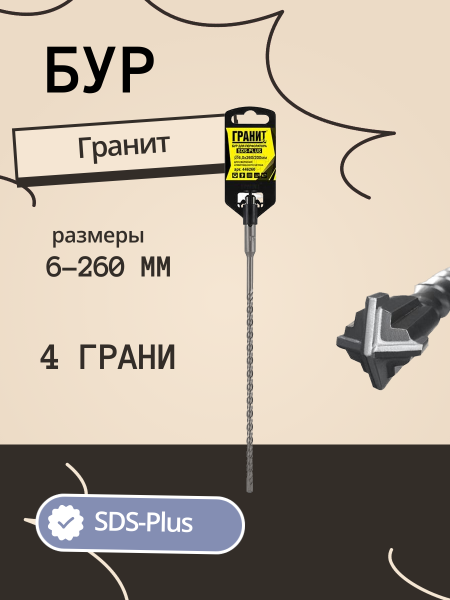 бур по бетону sds-plus гранит quadro-x 6,0х260/200,446260 - фото №9