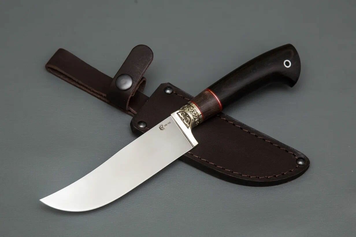 Нож "Узбекский Малый Пчак", сталь VG-10, рукоять литье мельхиор, вставка стабилизированная карельская береза, черный граб