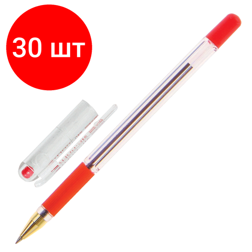 Комплект 30 шт, Ручка шариковая масляная с грипом MUNHWA MC Gold, красная, корпус прозрачный, узел 0.5 мм, линия письма 0.3 мм, BMC-03