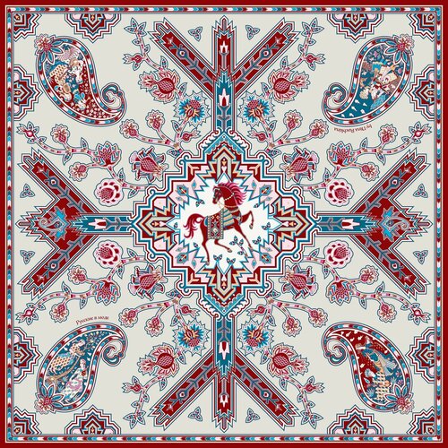 Платок Русские в моде by Nina Ruchkina, 90х90 см, бордовый