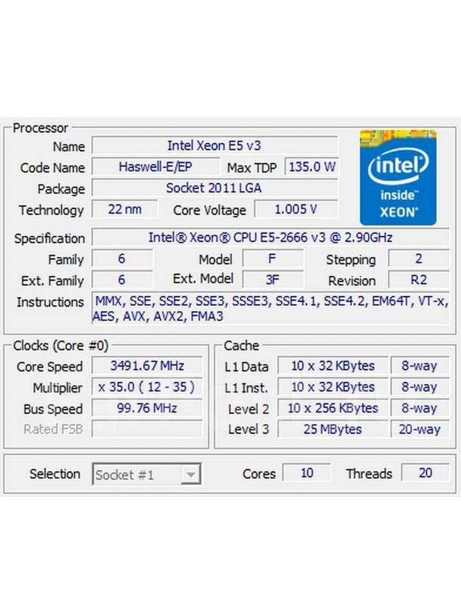 Процессор Intel Xeon E5-2666 v3 LGA2011-3 10 x 2900 МГц