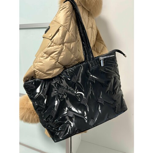 фото Сумка шоппер сумка болоньевая женская, стеганная, зимняя, дутая, модная, фактура стеганая, черный нет бренда