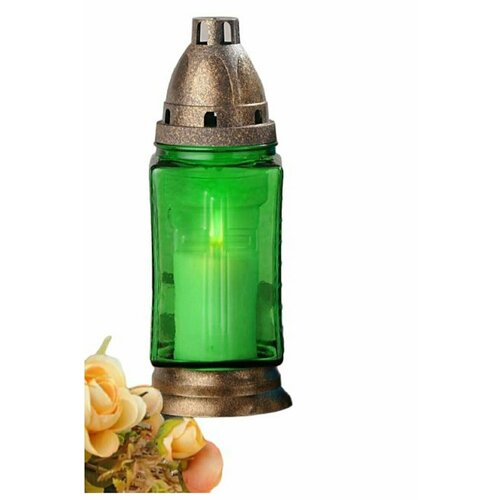 Лампада стеклянная с крестом с крышкой h-25,5 см зеленая неугасимая лампада со свечой стеклянная 11 см х 8 см набор 2 шт
