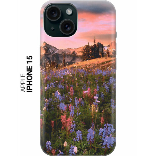 фото Силиконовый чехол на apple iphone 15 / эпл айфон 15 с рисунком "цветочное поле и горы" slvgo