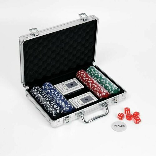 Покер в металлическом кейсе (карты 2 колоды, фишки 200 шт б/номинала, 5 кубиков), 20.5 х 29 см 2787