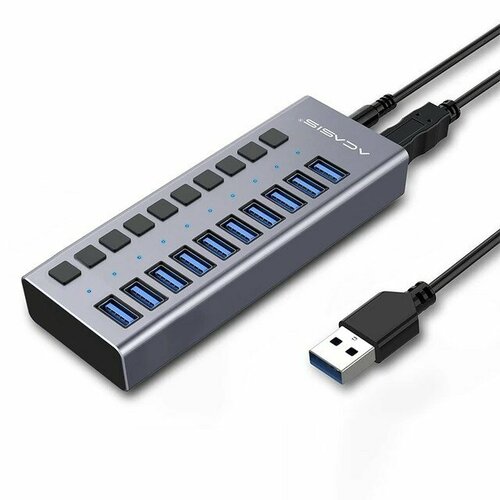 USB 3.0 Hub 10 port ACASIS AC-HS710 (Al, LED, отдельные выкл, блок питания 12V 4A) usb 2 0 хаб smartbuy с выключателями 4 порта черный