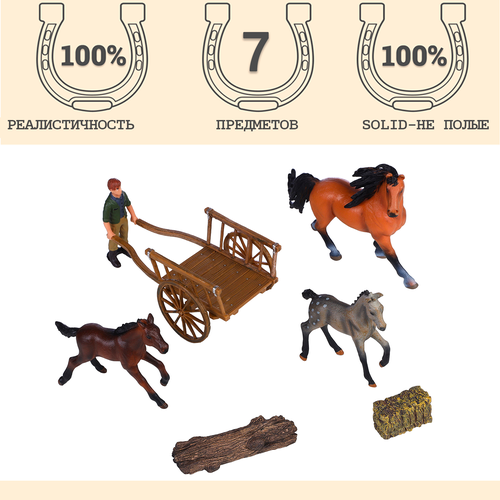 Фигурки животных серии Мир лошадей: Лошадь и 2 жеребенка, фермер, телега (набор из 7 предметов)