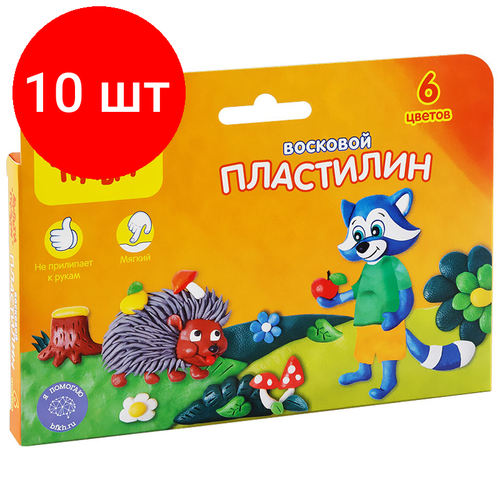 Комплект 10 шт, Пластилин Мульти-Пульти Енот в лесу, 06 цветов, 90г, восковой, со стеком, картон, европодвес