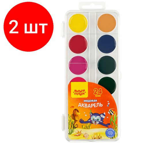 карандаши акварельные 24 цвета мульти пульти енот в карибском море l 176мм d 7мм d 3 3мм 6гр картонная упаковка cp 10766 6 уп Комплект 2 шт, Акварель Мульти-Пульти Енот в Красном море, медовая, 24 цветов, без кисти, пластик, европодвес