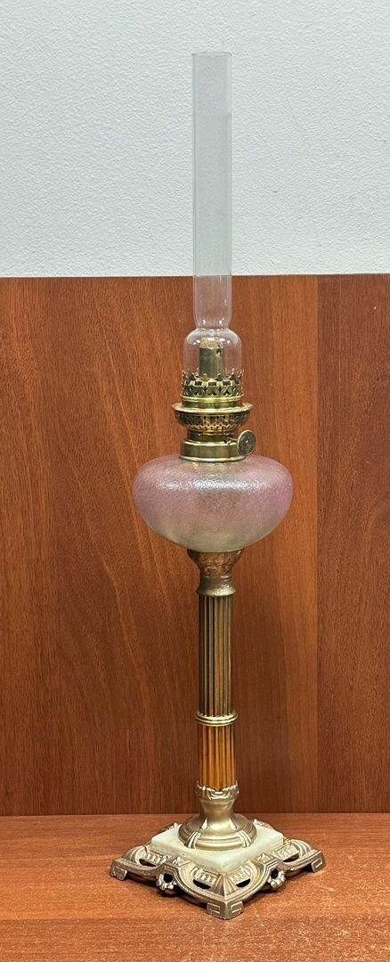 Керосиновая Лампа Франция 19 век Высота 62,5 см Шпиатр! Латунь! Цветное Стекло! Антиквариат!