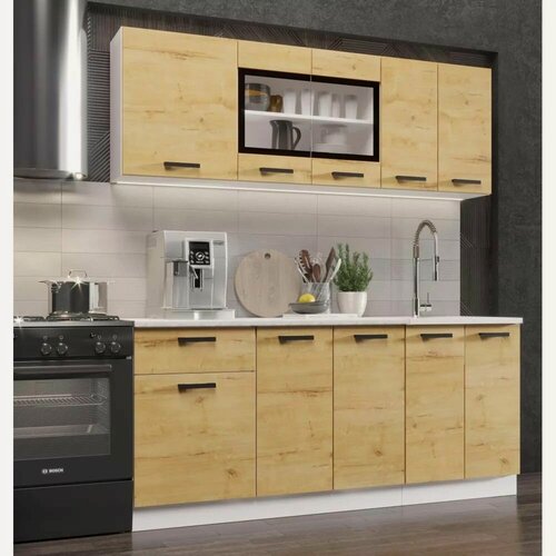 Изображение товара Кухонный гарнитур (кухня) Хозяюшка 1,8м, корпус белый ЛДСП, фасад Дуб вотан, столешница Калакатта 1,2м 2060х1800х600 ЭРА