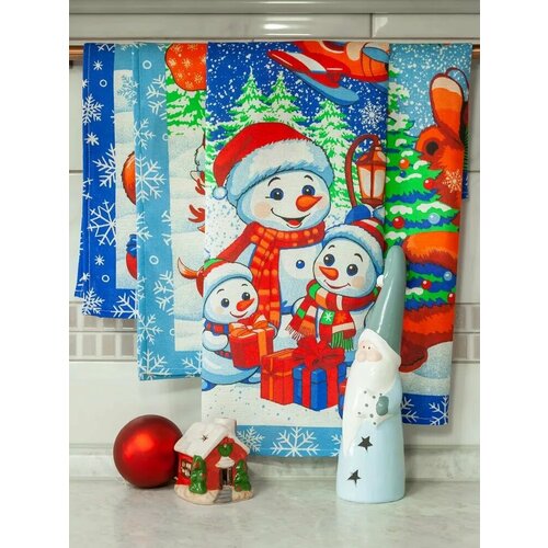 Полотенца кухонные 36*60, 4 шт. Снеговики синие.