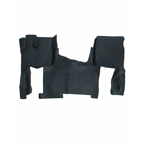 Ковры 3D стеганые для грузовых автомобилей FAW J7, черный цвет с синей строчкой. Экокожа. Фав