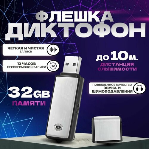 Цифровой аудио мини диктофон для записи голоса и разговоров USB флешка 32 ГБ 1393₽