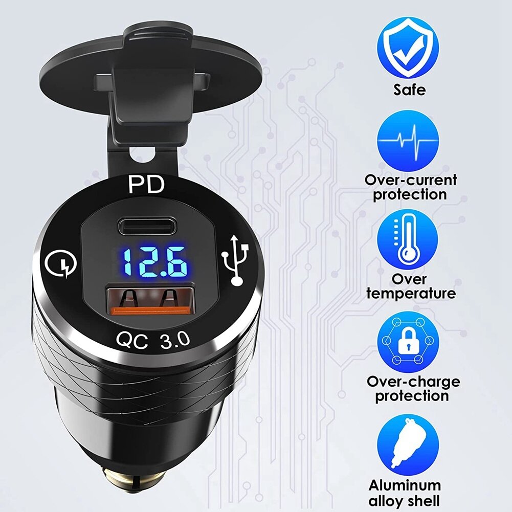 Быстрое зарядное устройство USB PD 3.0 Type C MyPads для мотоциклов 12-24 В — фото 1