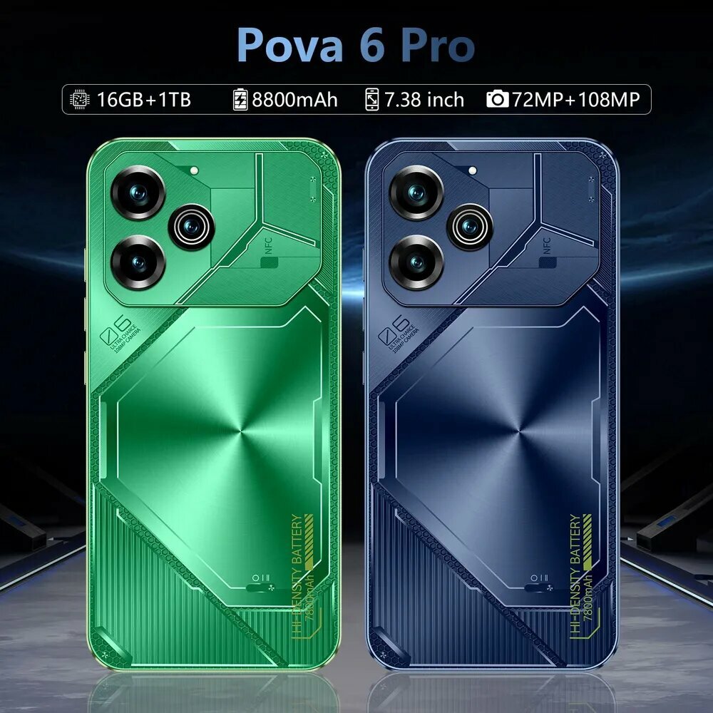 Android Смартфон Povo 6pro, 5G, 8000 мАч, поддержка русского языка, распознавание лиц, видео (Tiktok),16/1 ТБ, зеленый — фото 1