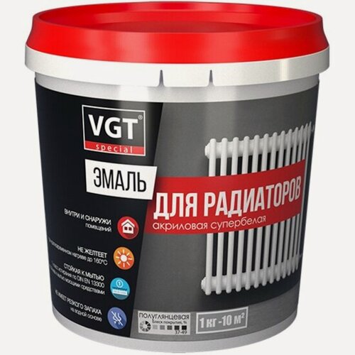 Изображение товара Эмаль для радиаторов Vgt Профи ВД-АК-1179, акриловая, полуглянцевая, супербелая, 1 кг