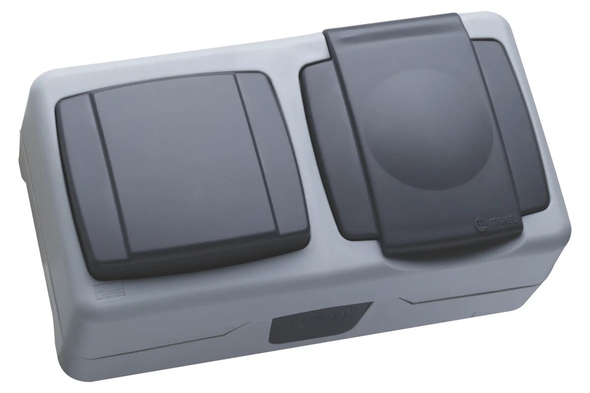 MAKEL выкл. Одноклавишный + розетка С крышкой С пружинным зажимом влагозащищенная серия IP 55 серая 36064207