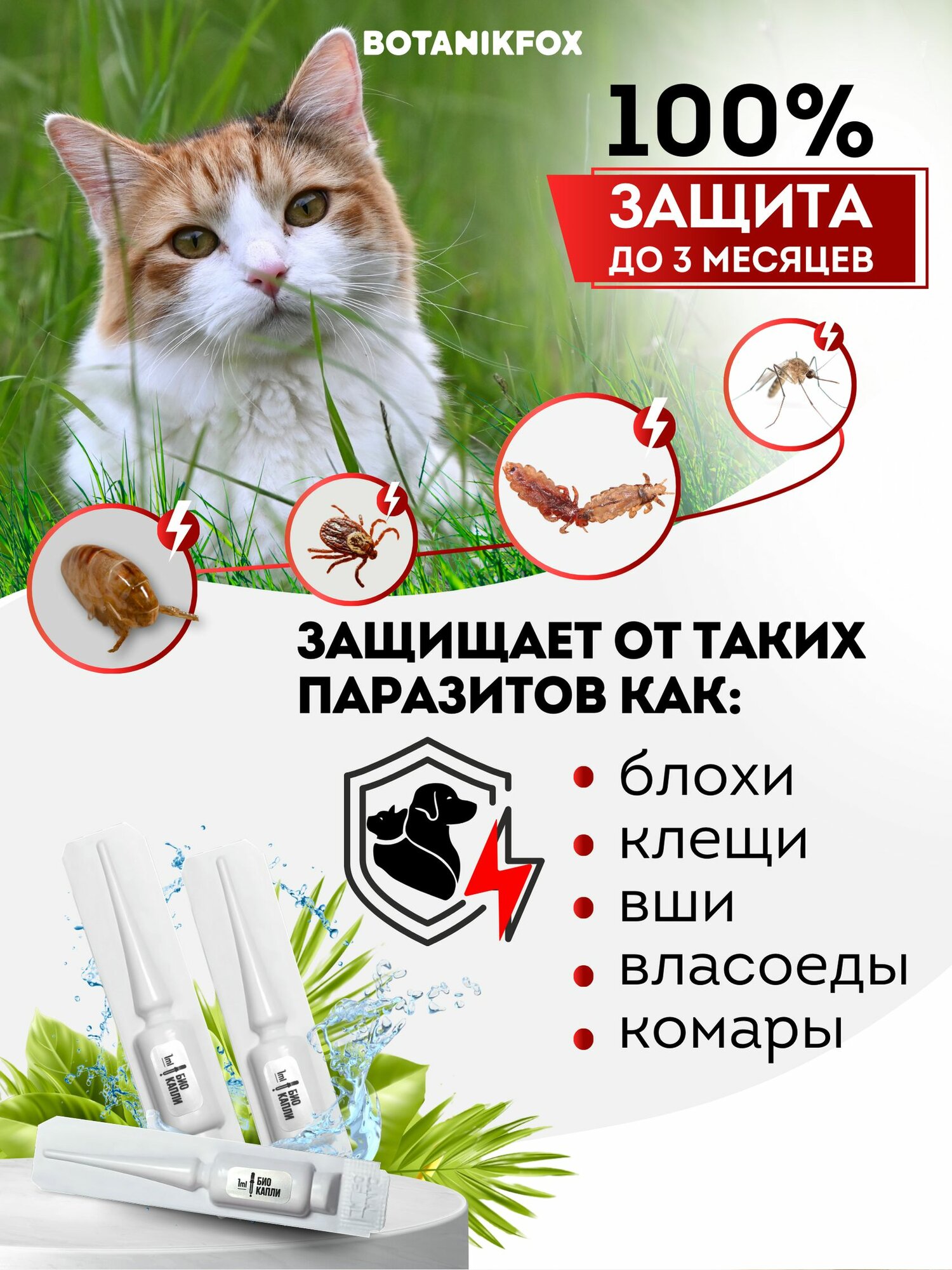 Капли от блох и клещей для кошек и собак на холку, БИО , BOTANIKFOX — фото 1