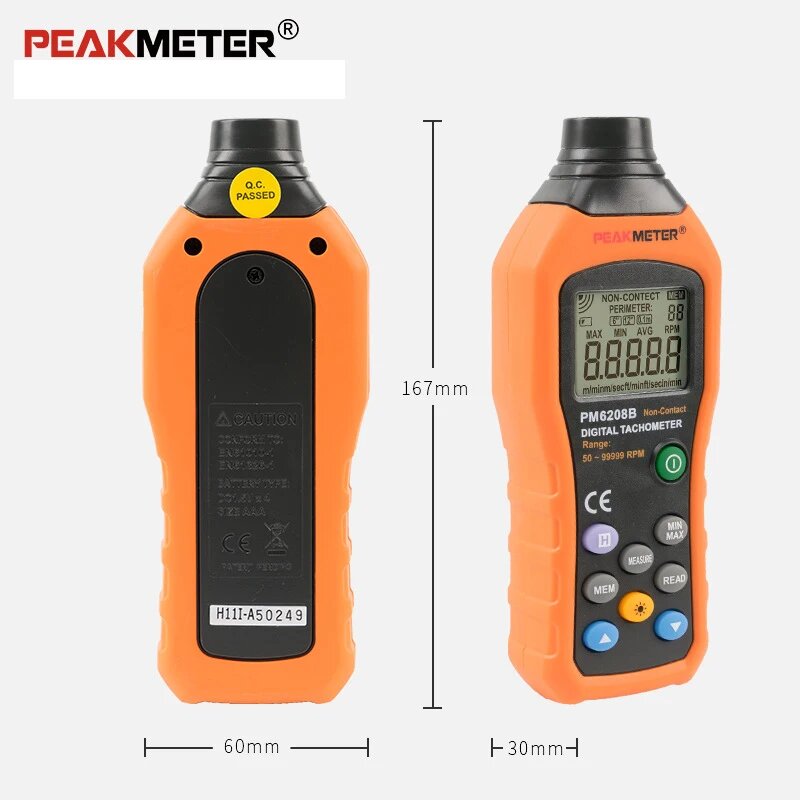Анемометры И Балометры PEAKMETER PM6208B Высокоточный бесконтактный цифровой тахометр Измеритель скорости вращения об/мин Датчик 50 ~ 1999 об/мин MS6208, PM6208B Non-Contact