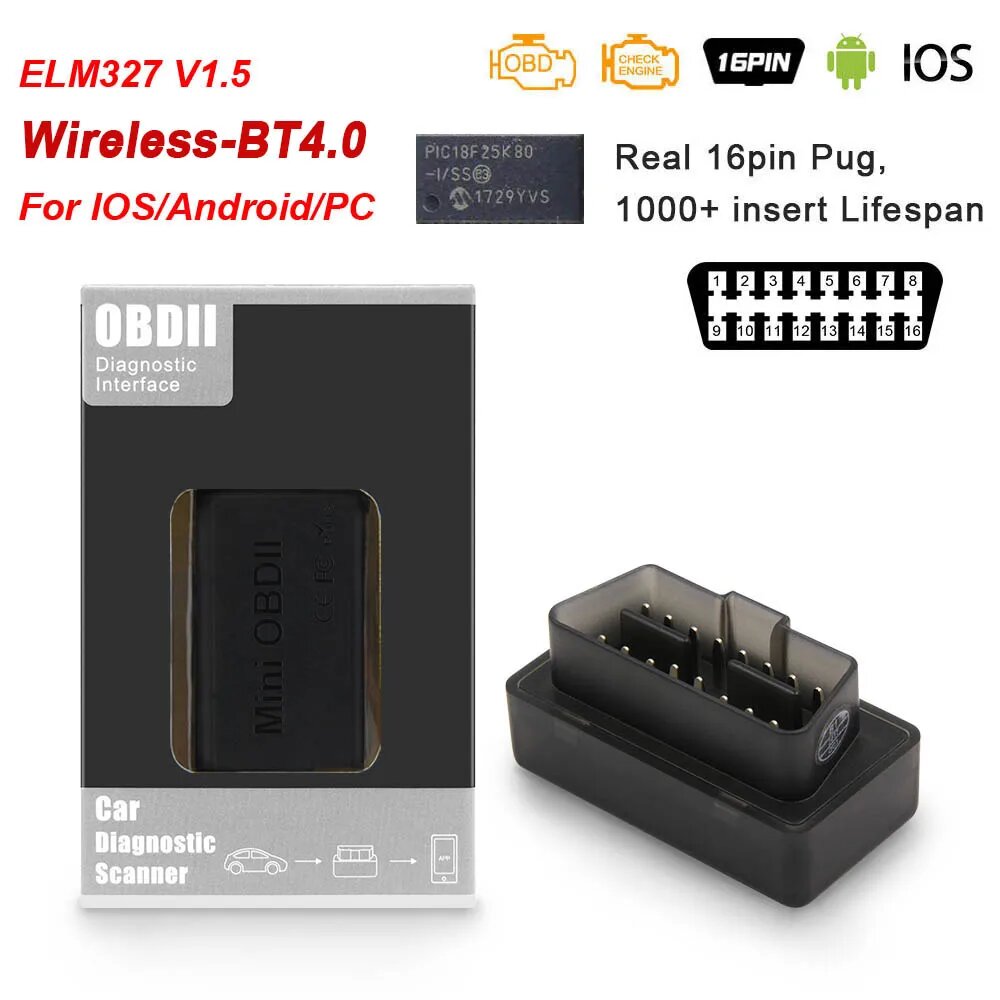 ELM 327 V1.5 PIC18F25K80 Bluetooth 4,0 ELM327 OBD2 сканер для Android/IOS OBD 2 OBD2 автомобильный диагностический автоинструмент, BT4.0