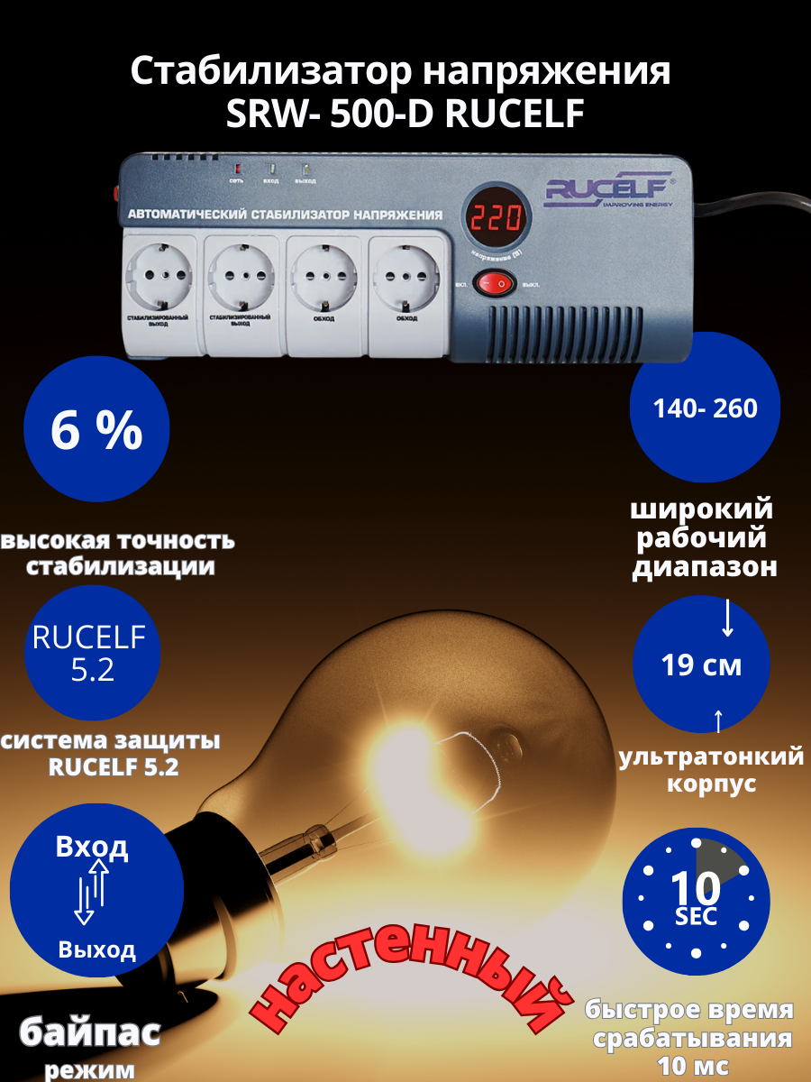 Стабилизатор напряжения Rucelf SRW-500 релейный настенный 500ВА 0-45°С серый