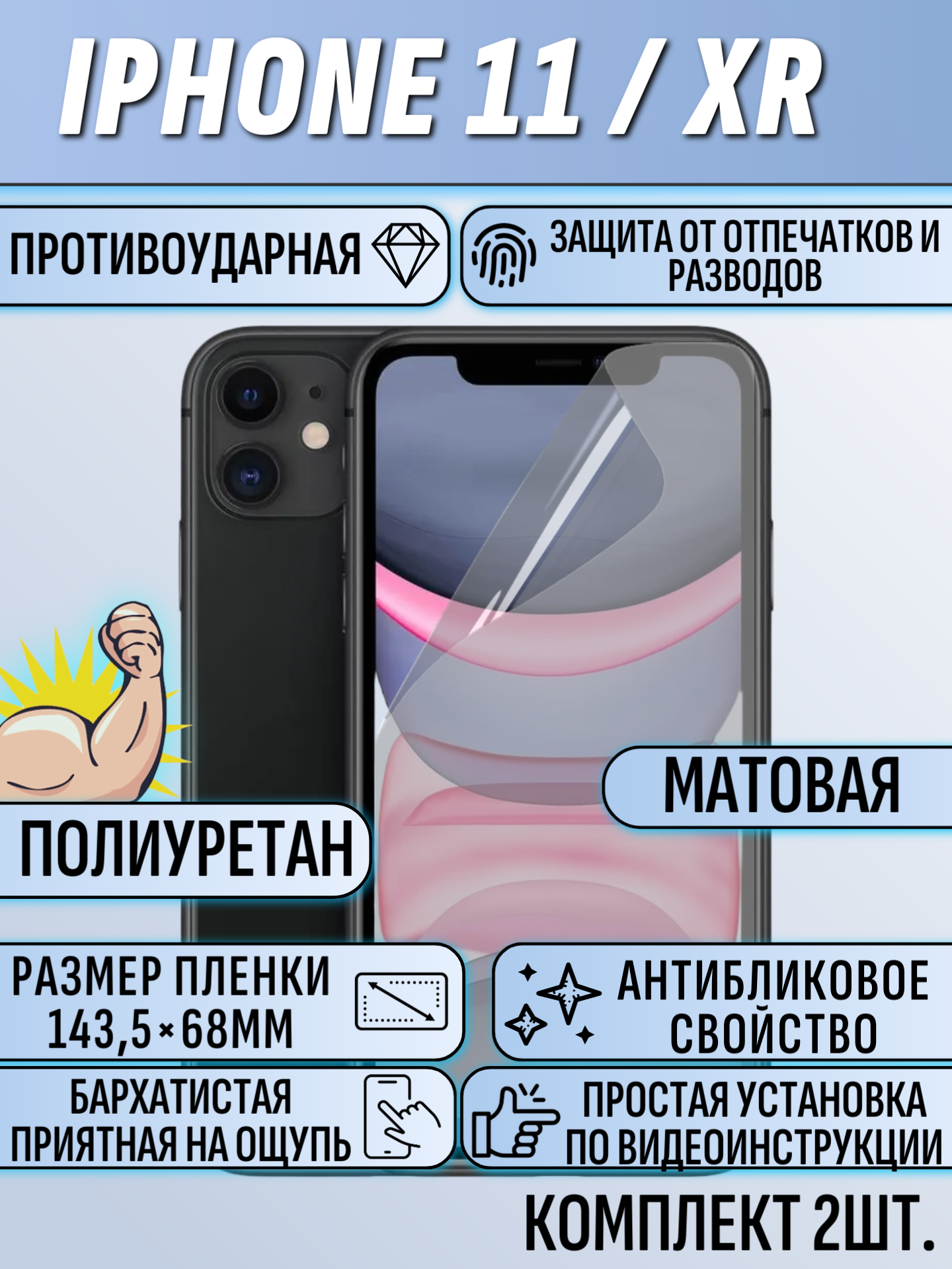 Гидрогелевая защитная пленка для iPhone 11 / XR матовая под чехол 2 шт