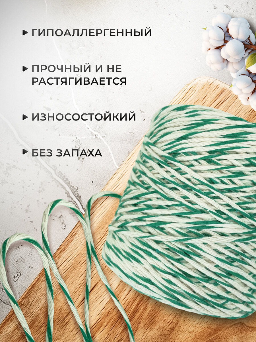 Шпагат хлопковый Dolly Hobby 2 мм, 200 м, для колбасы, для копчения рыбы, для запекания мяса, бело-зелёный — фото 1