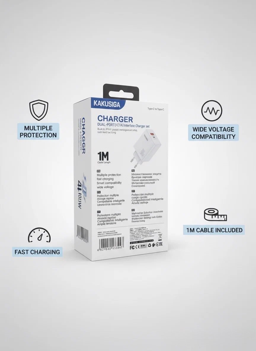 Адаптер KAKUSIGA, для быстрой зарядки PD40W, два порта, Type-C, 1м — фото 1