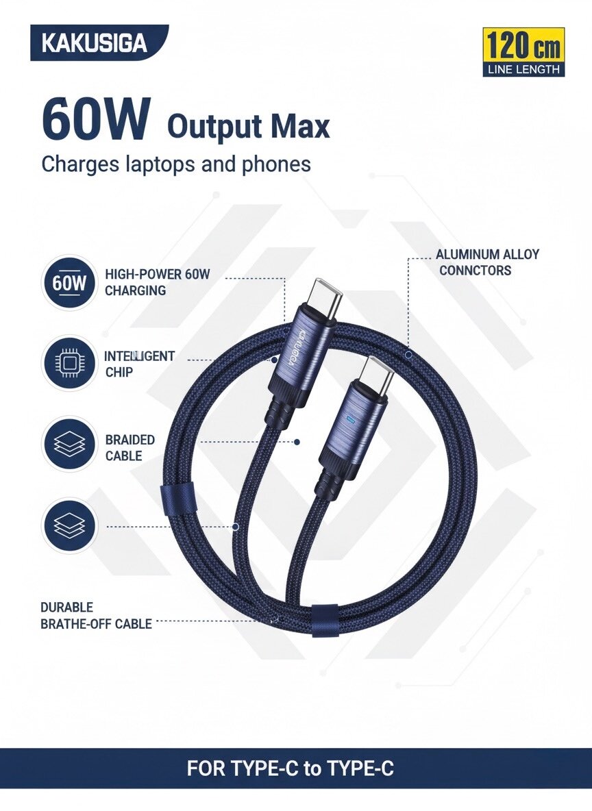 Кабель Kakusiga Type-C — Type-C, 60 Вт — Smart Power Off, 1,2 метра, быстрая зарядка и кабель для передачи данных