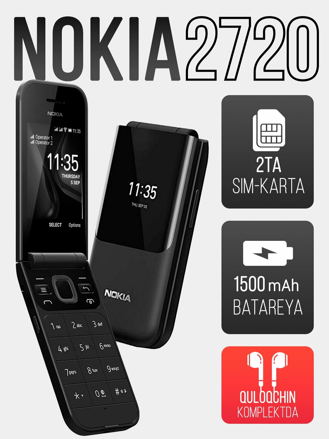 Телефон Nokia 2720 Flip, Dual SIM, черный, зарегистрирован в UZIMEI