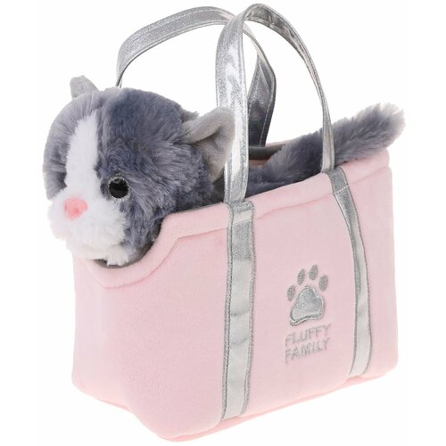 фото Мягкая игрушка fluffy family котенок пушистик в сумке, 19 см, розовый/серый