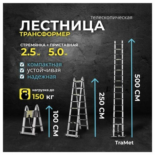 Лестница алюминиевая телескопическая 5,0 м (2,5+2,5) профессиональная TraMet TR5050 лестница алюминиевая телескопическая 5 0 м 2 5 2 5 профессиональная tramet tr5050