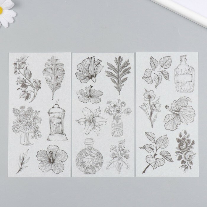 Наклейки для творчества бумага "Цветы набросок" набор 3 листа 10х20 см
