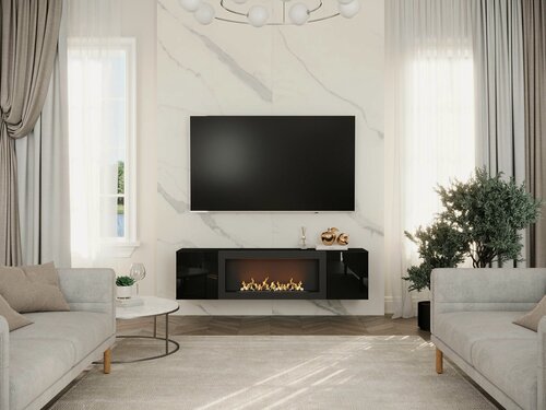 Изображение товара Тумба подвесная, тумба под ТВ, тумба биокамин POINT TYPE-28, Черный глянец, (ШхВхГ) 160х40х40 см