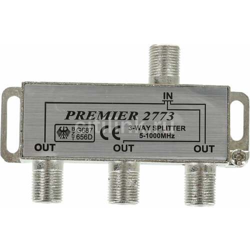 Сплиттер антенный PREMIER 2773, F-TV(f) - F-TV(f) , 75Ом, серебристый [4-823/1] адаптер антенный hama h 205236 coax f 2xcoax f серебристый 00205236