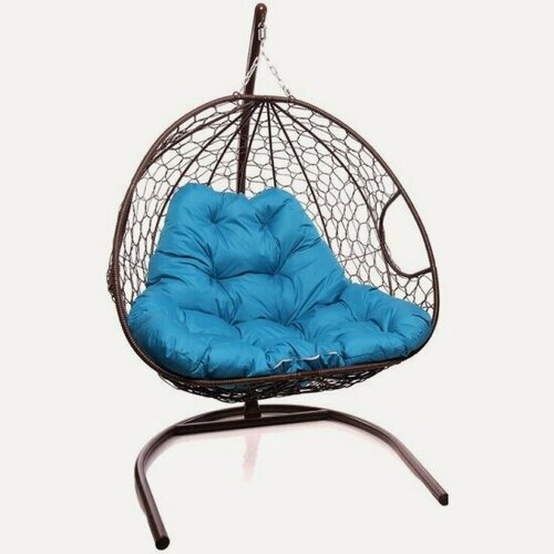 Изображение товара Подвесное кресло кокон двухместное M-group для двоих с ротангом коричневое+голубая подушка