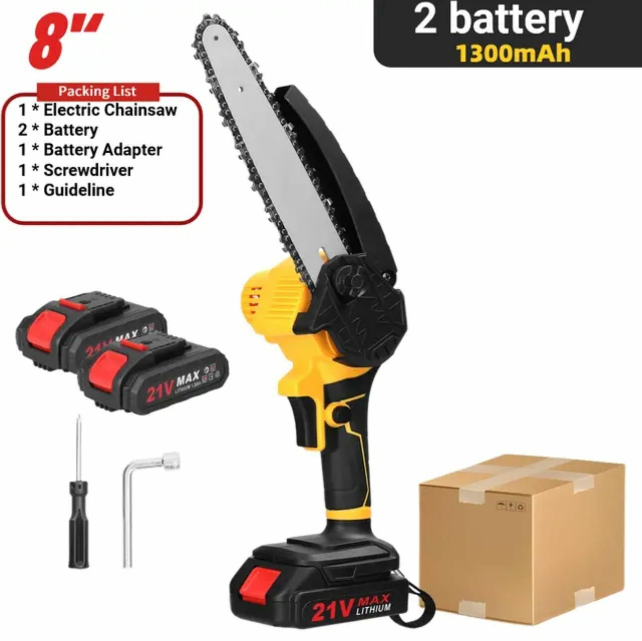 фото Пила аккумуляторная цепная Geevorks 8 дюймов с 2 АКБ, 800Вт, 21V, сучкорез аккумуляторный, пила электрическая цепная