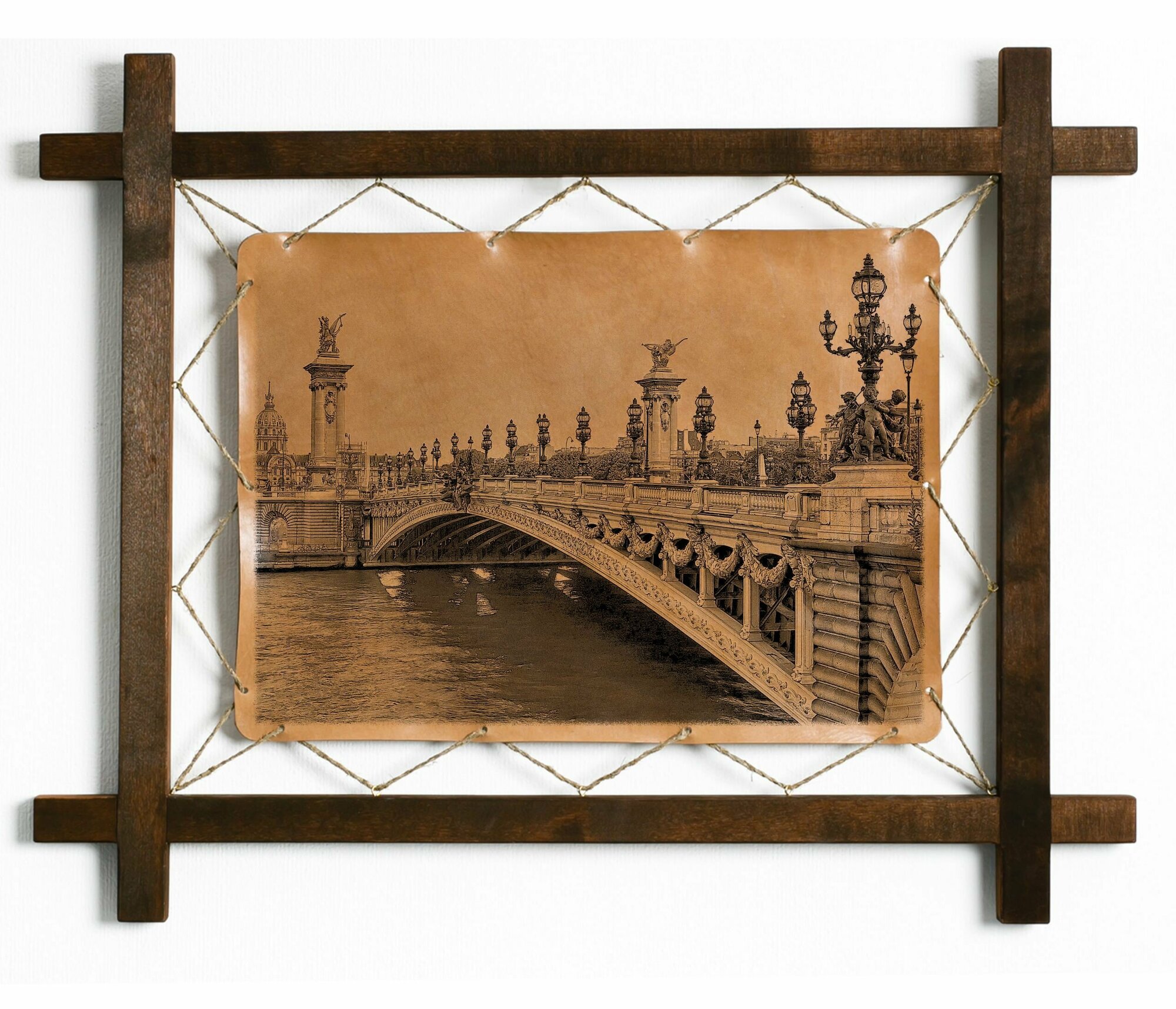 Картина Мост Александра III, Франция, гравировка на натуральной коже, интерьерная для украшения и декора на стену в деревянной раме, подарок, BoomGift
