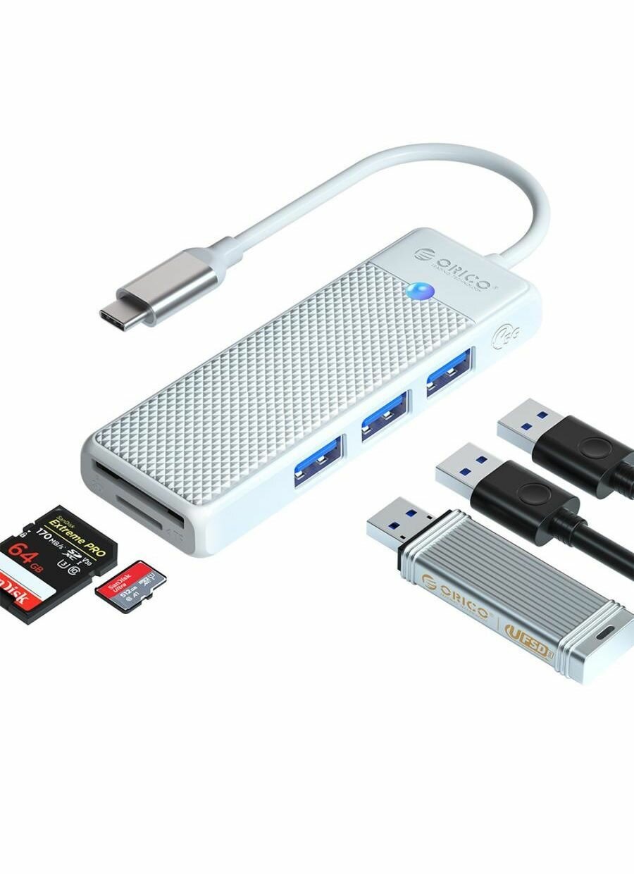 Концентратор ORICO USB-C с 3x USB-A, слотом для SD и Micro SD, белый (ORICO-PAPW3AT-C3-015-WH-EP)
